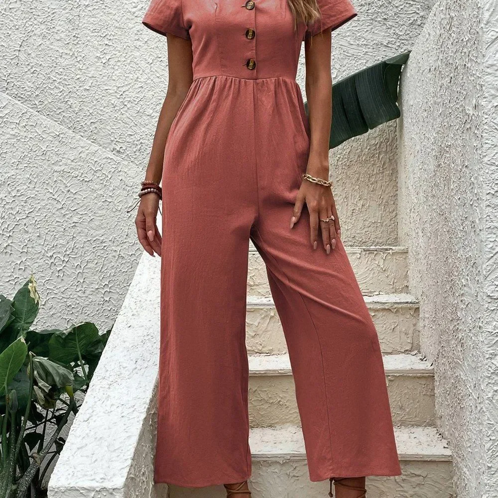 New Puff Sleeve Zip Back Jumpsuit  Redwood - Picture 3 of 7